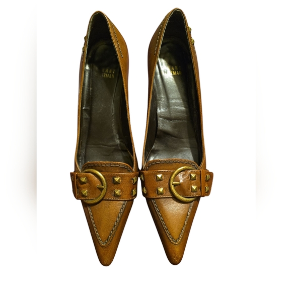 Stuart Weitzman Buckled Studded Brown High Quality Leather Pointed Pumps Sz6M - Picture 2 of 12